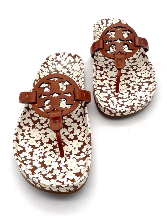 Tory Burch Shoes - Tory Burch Miller Cloud Sandals Sz 8.5 Brown Floral Logo Leather Flip Flop Slide